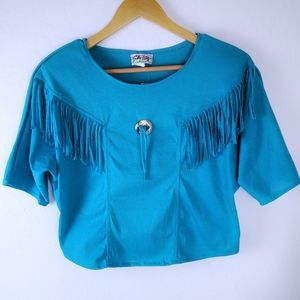 Vintage Western Fringe Rodeo Cowgirl Tee - Blue